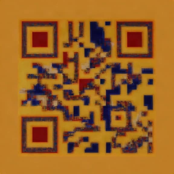 Código QR geométrico en rojo y azul sobre fondo amarillo