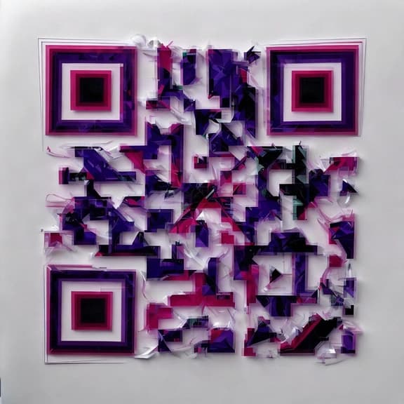 Código QR de collage con recortes de papel magenta y violeta sobre blanco