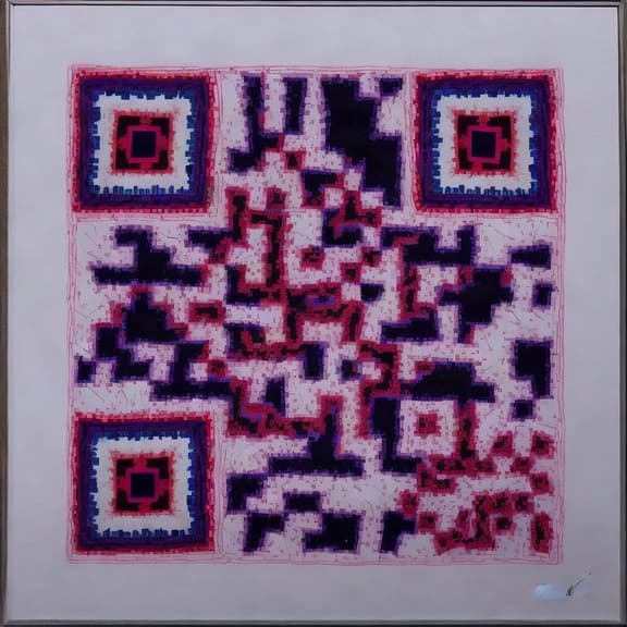 Código QR con motivos de arte popular en carmesí y azul sobre blanco