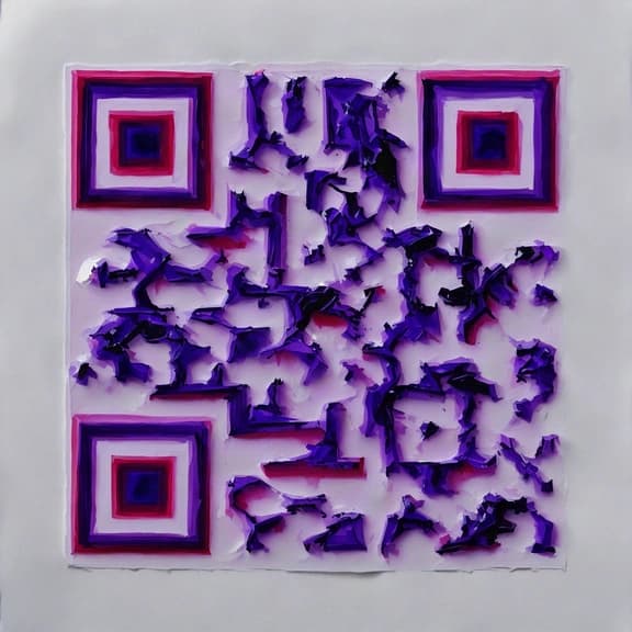 Código QR pintado en gouache violeta y magenta sobre papel blanco
