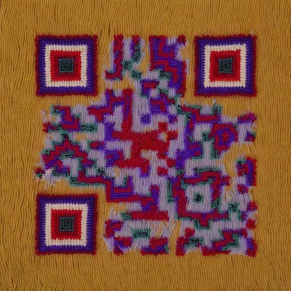 Código QR de arte huichol en estambre carmesí, violeta y turquesa