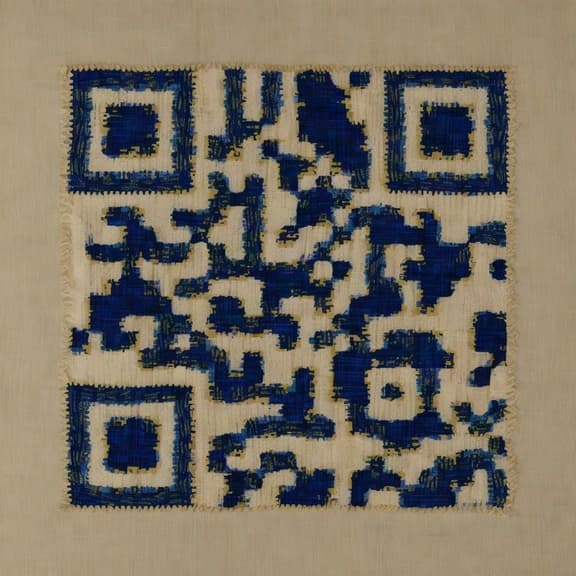 Código QR sobre seda índigo con puntada visible