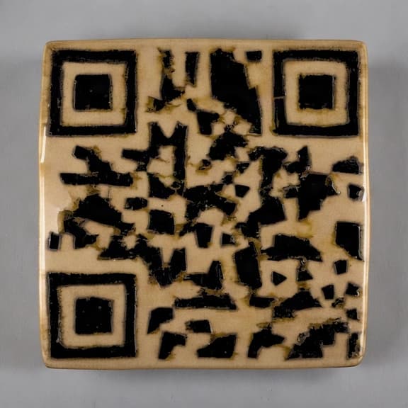 Código QR en cerámica raku negra vidriada sobre esmalte crema