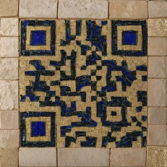 Código QR formado por teselas de mosaico bizantino azules y color piedra