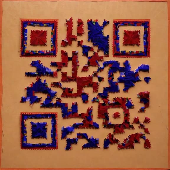 Código QR de papel picado en tonos saturados sobre fondo claro