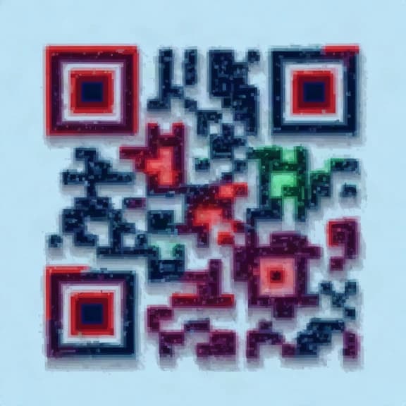 Código QR ilustrado en azul, magenta y verde sobre fondo claro