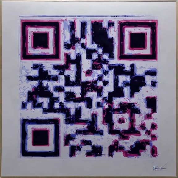 Código QR serigrafiado en negro y magenta sobre papel blanco