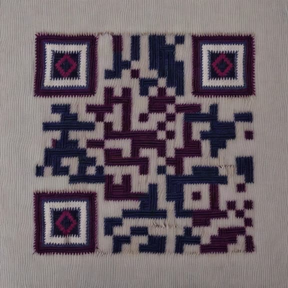 Código QR tejido en lana con geometría zapoteca en púrpura y crema