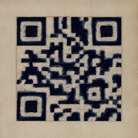 Código QR con aspecto de grabado ukiyo-e en azul índigo sobre papel